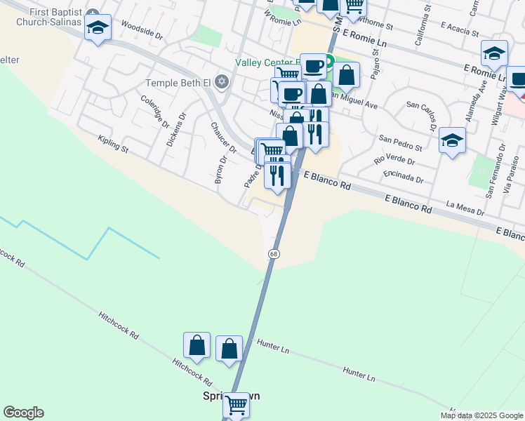 map of restaurants, bars, coffee shops, grocery stores, and more near 17 Stephanie Drive in Salinas
