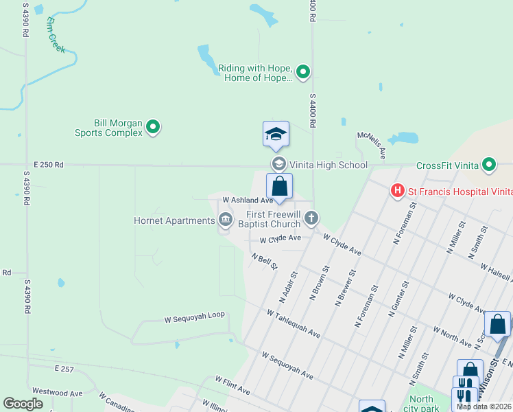 map of restaurants, bars, coffee shops, grocery stores, and more near 134 Dainty Circle in Vinita
