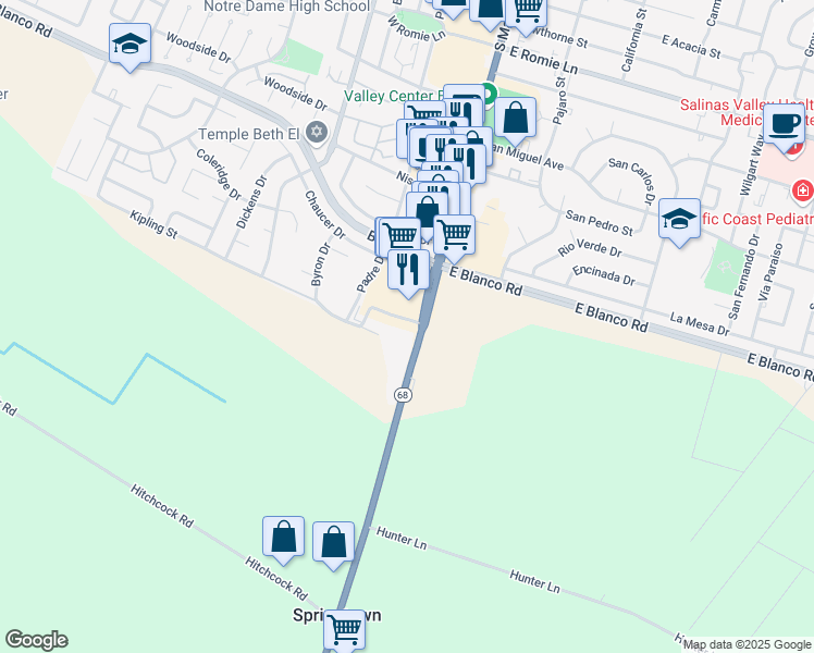 map of restaurants, bars, coffee shops, grocery stores, and more near 17 Stephanie Drive in Salinas