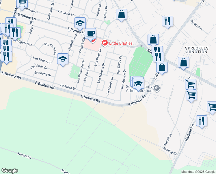 map of restaurants, bars, coffee shops, grocery stores, and more near 1250 La Mirada Dr in Salinas