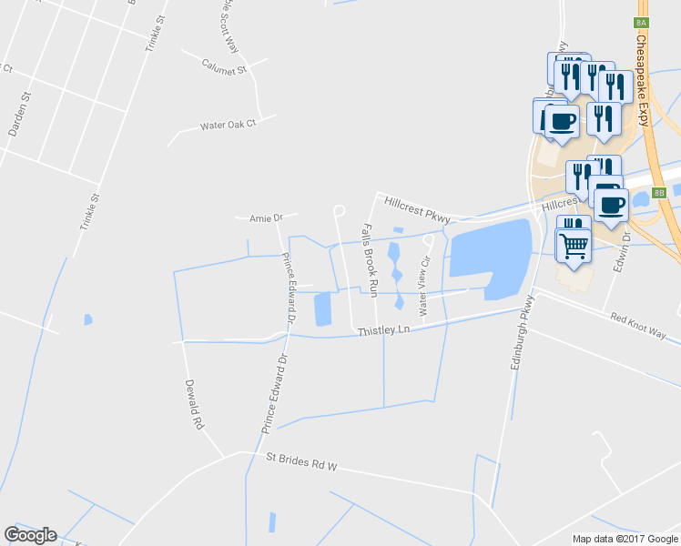 map of restaurants, bars, coffee shops, grocery stores, and more near 525 Thistley Lane in Chesapeake