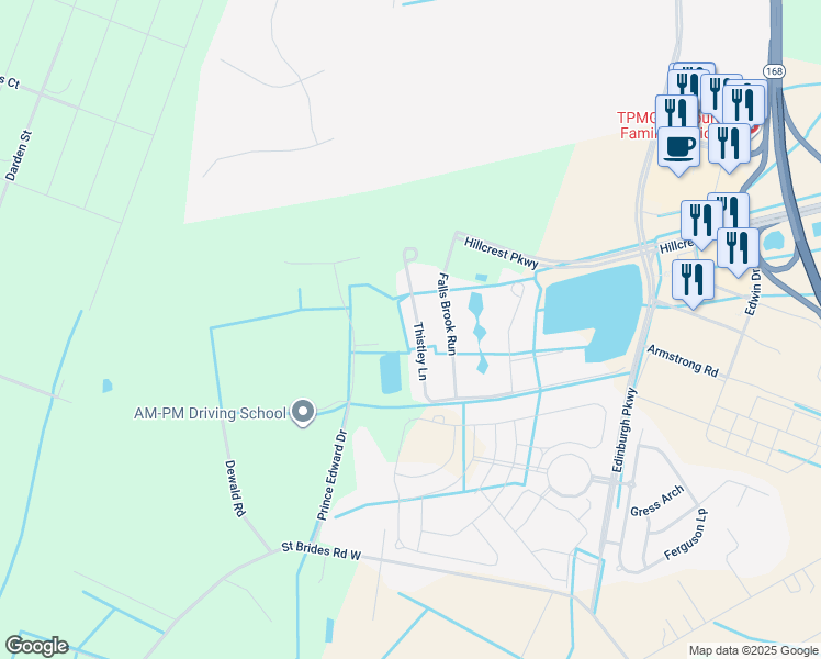 map of restaurants, bars, coffee shops, grocery stores, and more near 525 Thistley Lane in Chesapeake