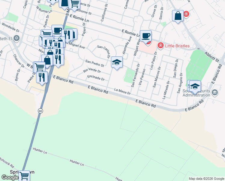 map of restaurants, bars, coffee shops, grocery stores, and more near 314 La Mesa Drive in Salinas