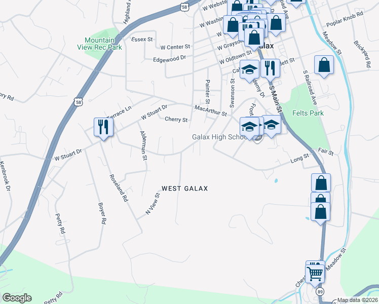 map of restaurants, bars, coffee shops, grocery stores, and more near 321 Parkwood Drive in Galax