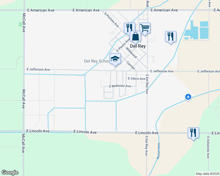 map of restaurants, bars, coffee shops, grocery stores, and more near 10669 East Redondo Avenue in Del Rey