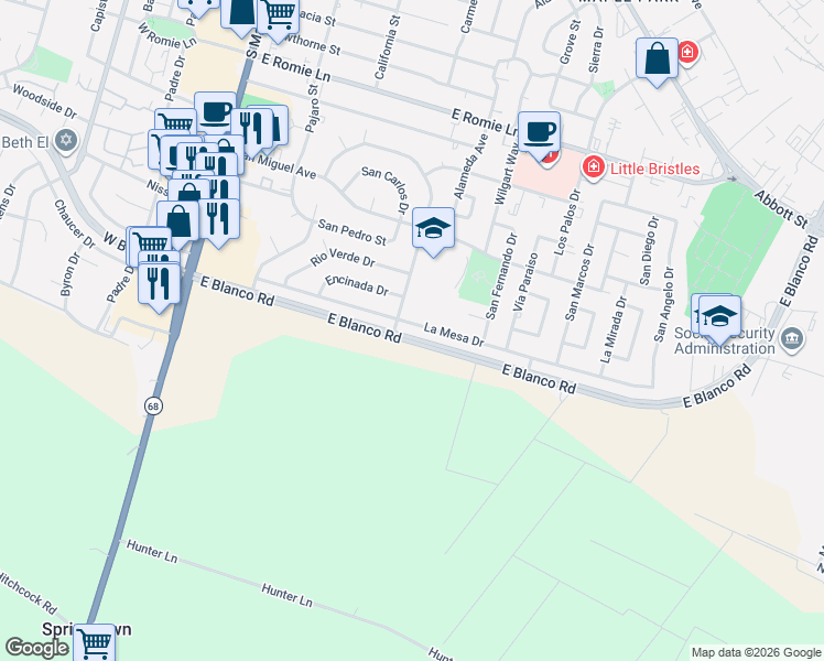 map of restaurants, bars, coffee shops, grocery stores, and more near 314 La Mesa Drive in Salinas