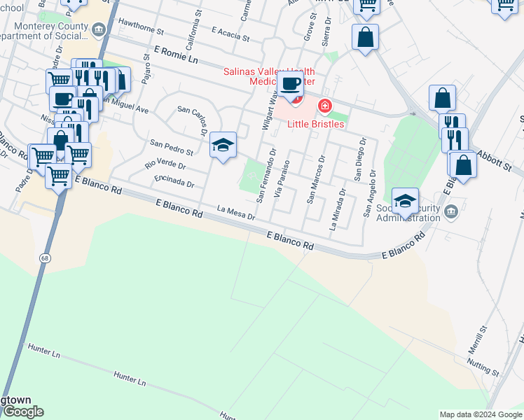 map of restaurants, bars, coffee shops, grocery stores, and more near 1273 San Fernando Drive in Salinas