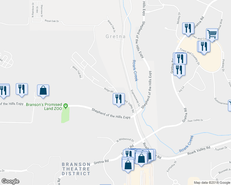 map of restaurants, bars, coffee shops, grocery stores, and more near 2201 Roark Valley Drive in Branson
