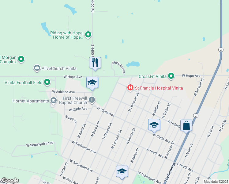 map of restaurants, bars, coffee shops, grocery stores, and more near 716 North Brown Street in Vinita