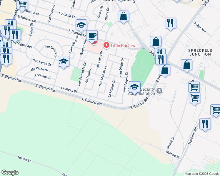 map of restaurants, bars, coffee shops, grocery stores, and more near 1244 La Mirada Drive in Salinas