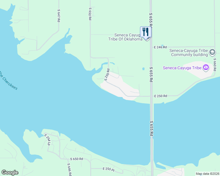 map of restaurants, bars, coffee shops, grocery stores, and more near 65131 East 250 Road in Grove