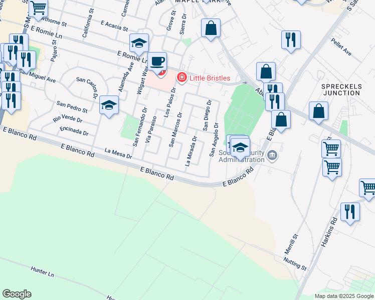 map of restaurants, bars, coffee shops, grocery stores, and more near 1244 La Mirada Drive in Salinas