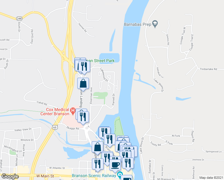 map of restaurants, bars, coffee shops, grocery stores, and more near 15 Maple Court in Branson