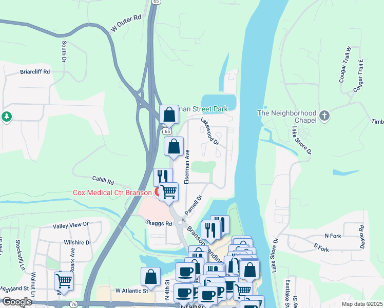 map of restaurants, bars, coffee shops, grocery stores, and more near 622 Eiserman Avenue in Branson