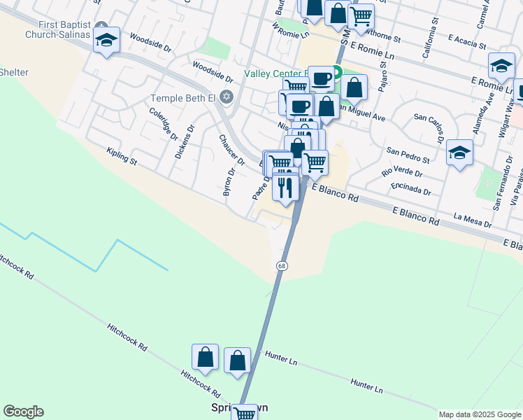 map of restaurants, bars, coffee shops, grocery stores, and more near 25 Stephanie Drive in Salinas