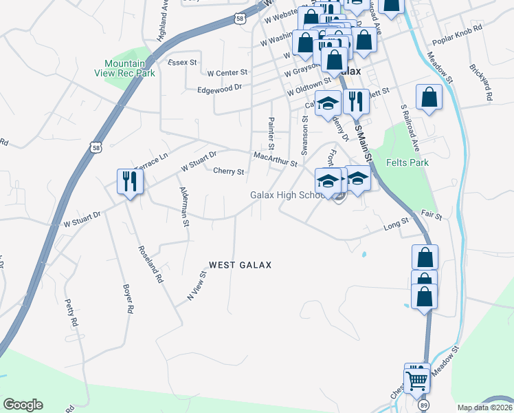 map of restaurants, bars, coffee shops, grocery stores, and more near 321 Parkwood Drive in Galax