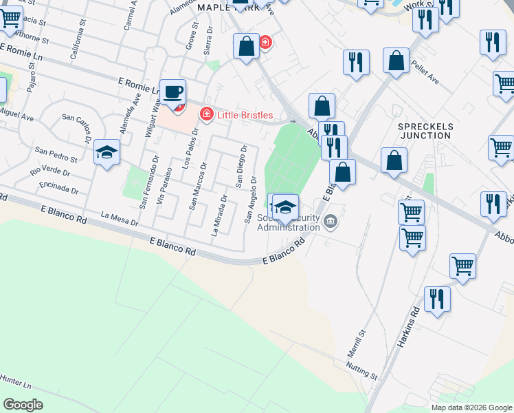 map of restaurants, bars, coffee shops, grocery stores, and more near 1231 San Angelo Drive in Salinas