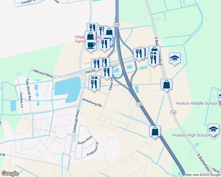 map of restaurants, bars, coffee shops, grocery stores, and more near Edwin Drive in Chesapeake