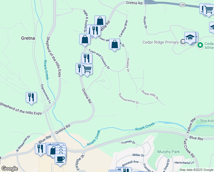 map of restaurants, bars, coffee shops, grocery stores, and more near Ivy Ln in Branson