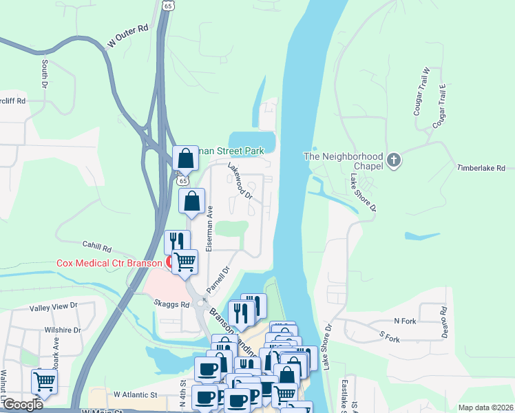 map of restaurants, bars, coffee shops, grocery stores, and more near 15 Maple Court in Branson
