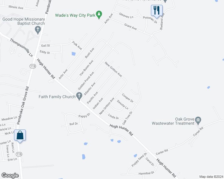 map of restaurants, bars, coffee shops, grocery stores, and more near 526 Indian Avenue in Oak Grove