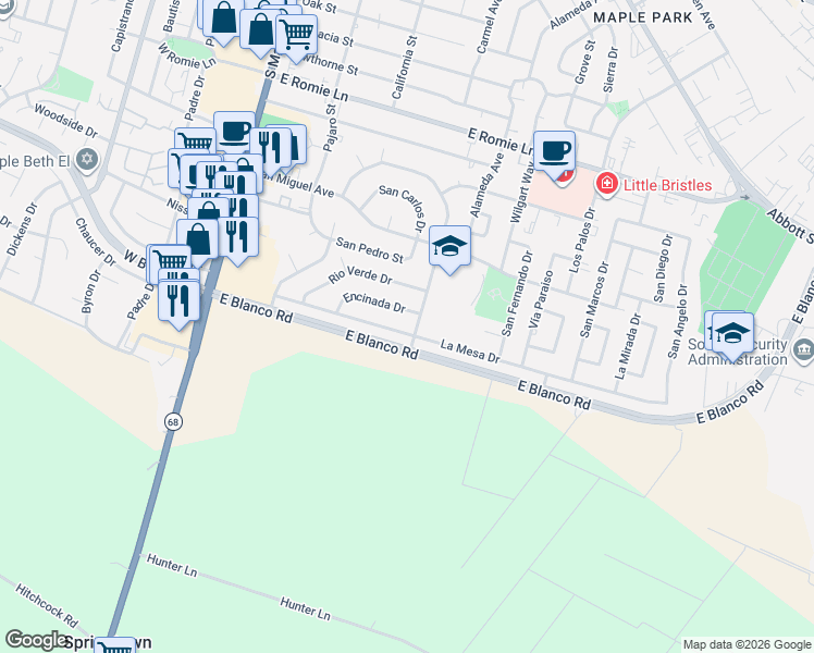 map of restaurants, bars, coffee shops, grocery stores, and more near 246 La Mesa Drive in Salinas