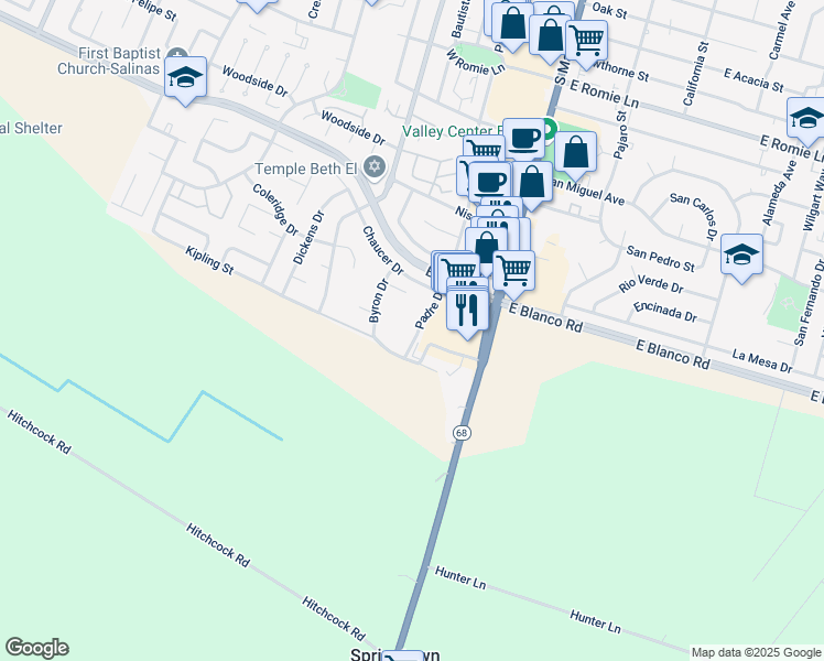 map of restaurants, bars, coffee shops, grocery stores, and more near 1320 Padre Drive in Salinas