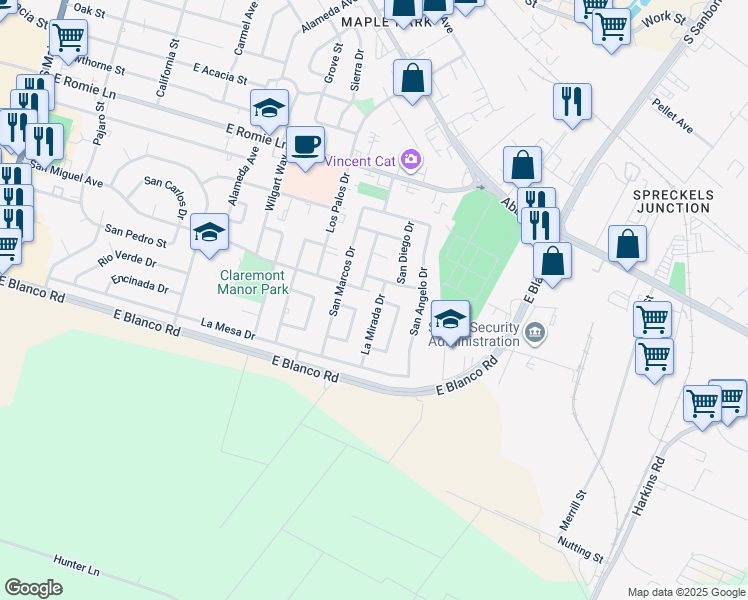 map of restaurants, bars, coffee shops, grocery stores, and more near 654 San Bruno Way in Salinas