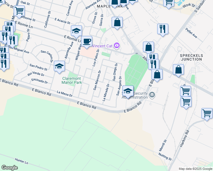 map of restaurants, bars, coffee shops, grocery stores, and more near 654 San Bruno Way in Salinas