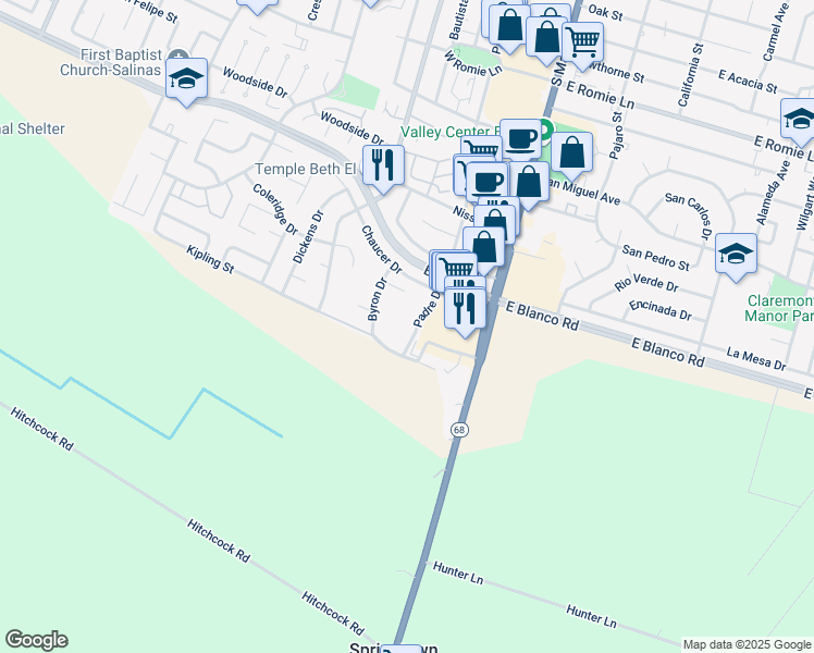 map of restaurants, bars, coffee shops, grocery stores, and more near 1320 Padre Drive in Salinas