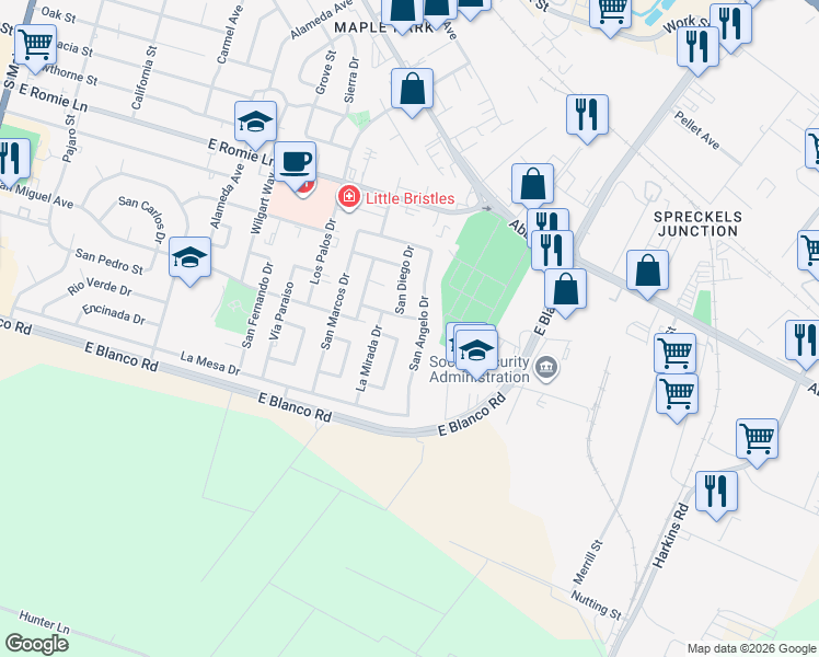 map of restaurants, bars, coffee shops, grocery stores, and more near 1194 San Diego Drive in Salinas