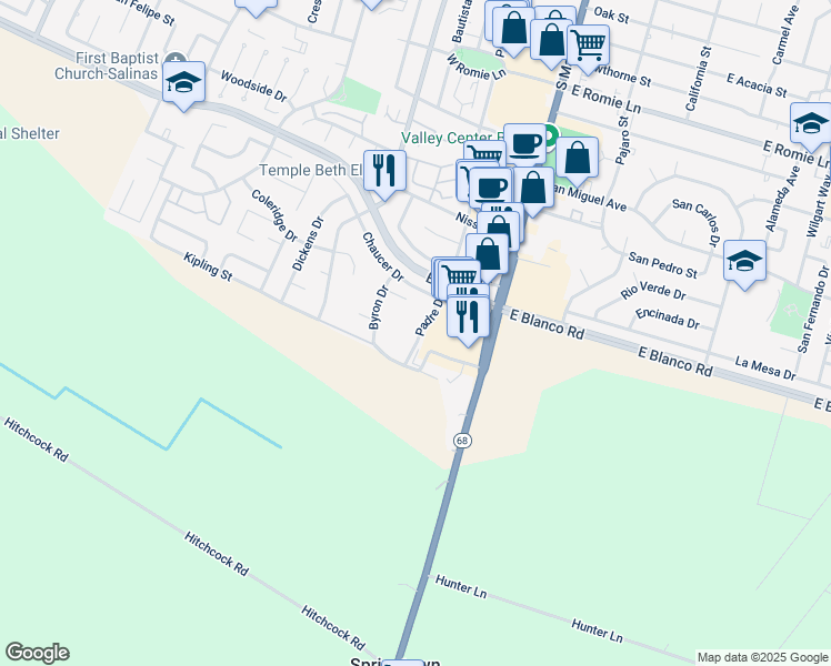 map of restaurants, bars, coffee shops, grocery stores, and more near 1320 Padre Drive in Salinas