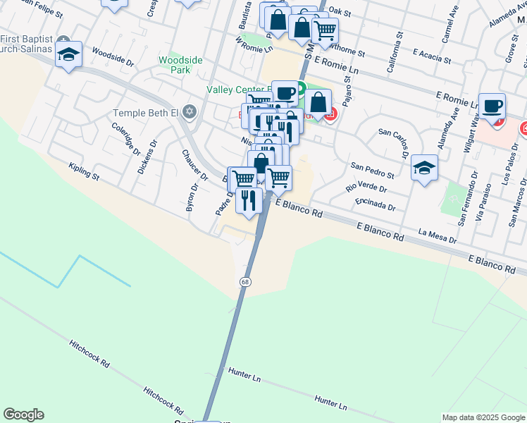 map of restaurants, bars, coffee shops, grocery stores, and more near 1300 South Main Street in Salinas