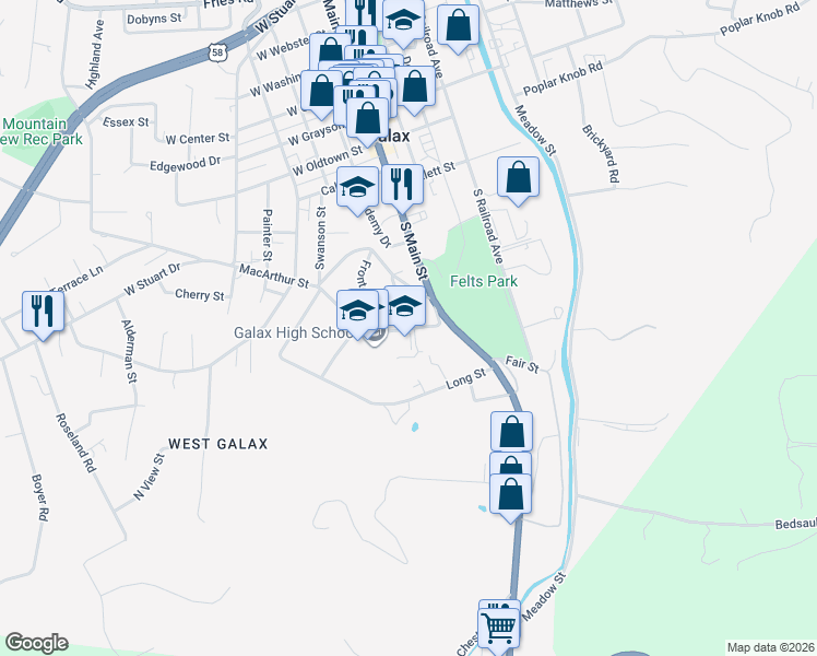 map of restaurants, bars, coffee shops, grocery stores, and more near 216 Anderson Street in Galax