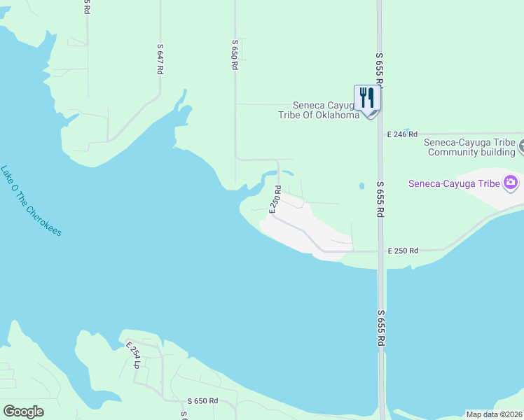 map of restaurants, bars, coffee shops, grocery stores, and more near 65111 East 250 Road in Grove