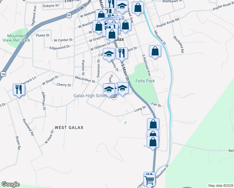 map of restaurants, bars, coffee shops, grocery stores, and more near 100-216 Anderson Street in Galax
