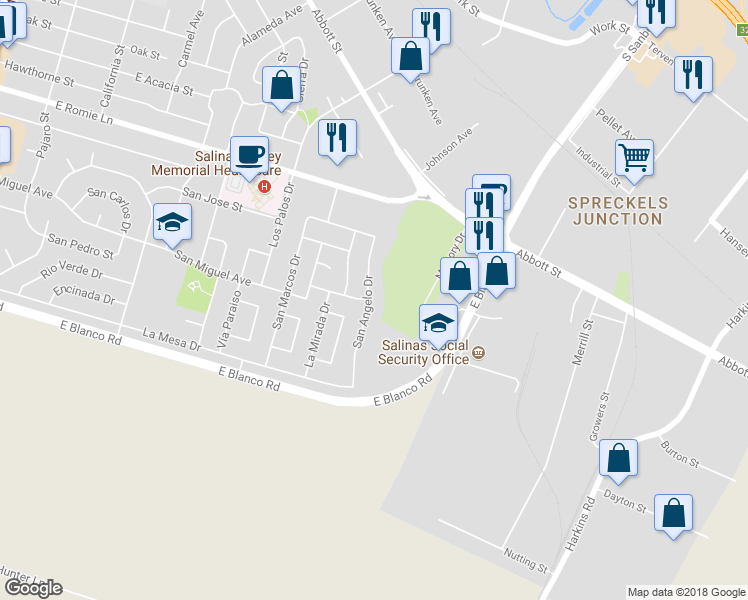 map of restaurants, bars, coffee shops, grocery stores, and more near 1201 San Angelo Drive in Salinas