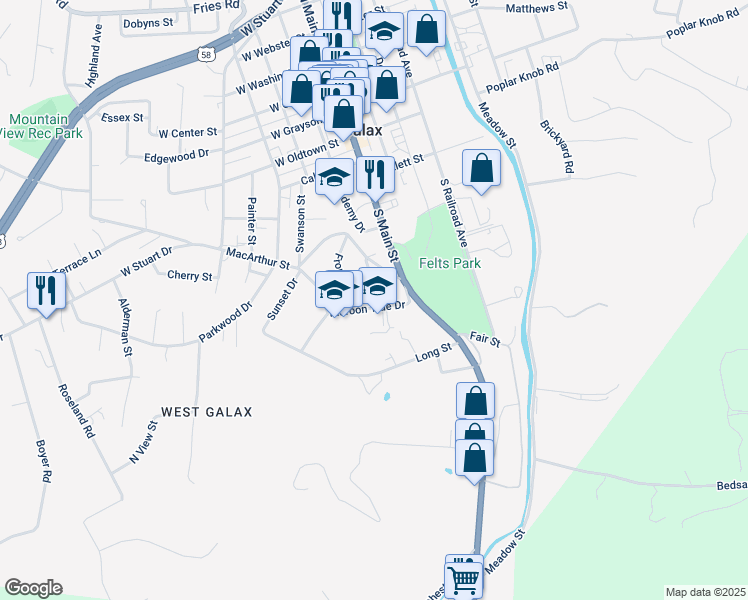 map of restaurants, bars, coffee shops, grocery stores, and more near 210 Anderson Street in Galax