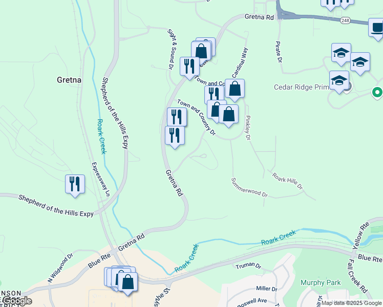 map of restaurants, bars, coffee shops, grocery stores, and more near Ivy Lane in Branson