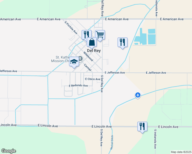 map of restaurants, bars, coffee shops, grocery stores, and more near 10752 East Chico Avenue in Del Rey