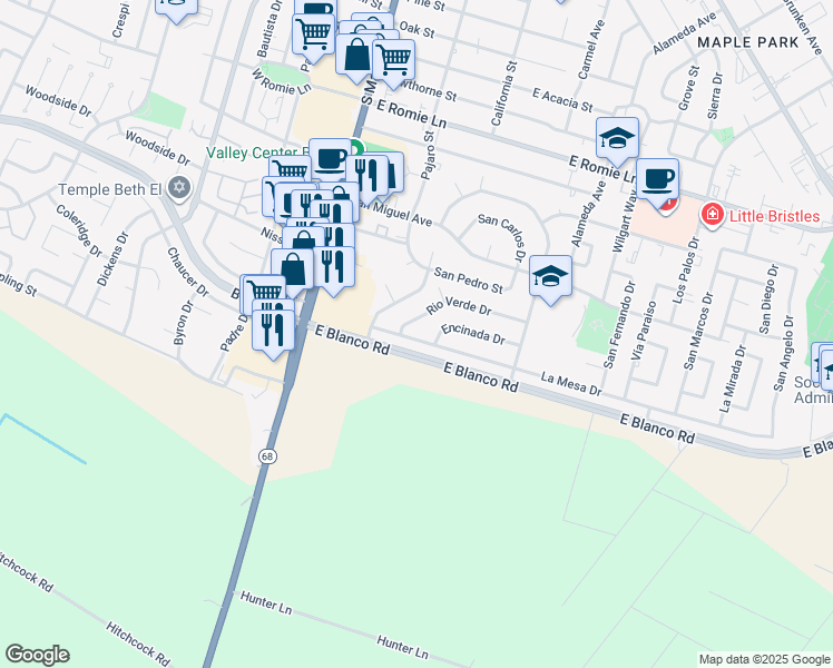 map of restaurants, bars, coffee shops, grocery stores, and more near 133 La Mesa Drive in Salinas