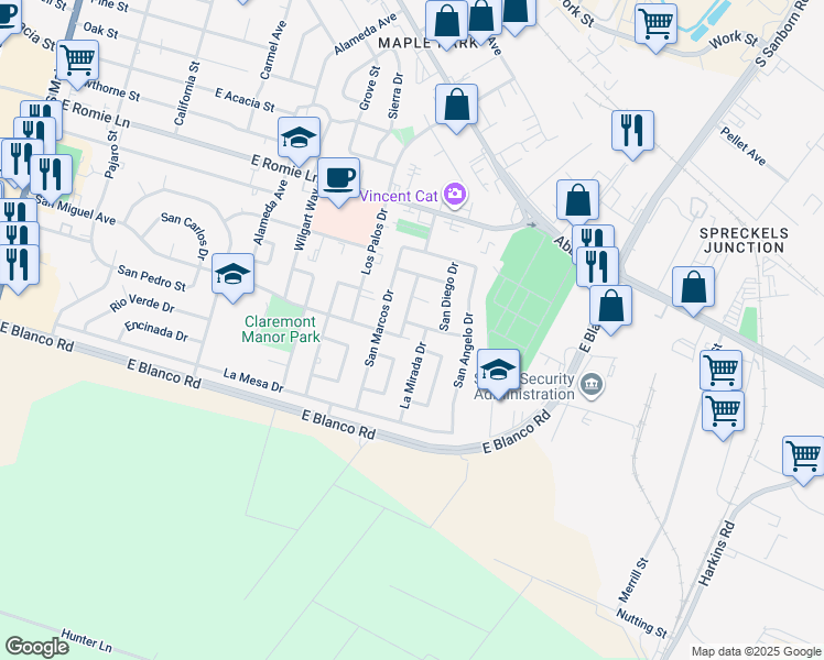 map of restaurants, bars, coffee shops, grocery stores, and more near 654 San Bruno Way in Salinas