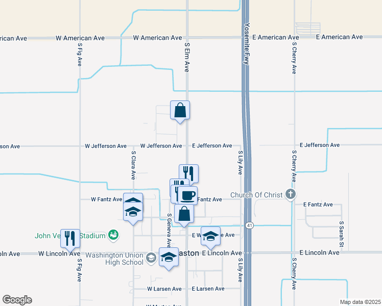 map of restaurants, bars, coffee shops, grocery stores, and more near 35 East Jefferson Avenue in Fresno