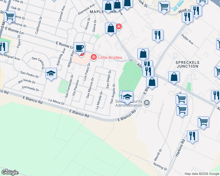map of restaurants, bars, coffee shops, grocery stores, and more near 1194 San Diego Drive in Salinas