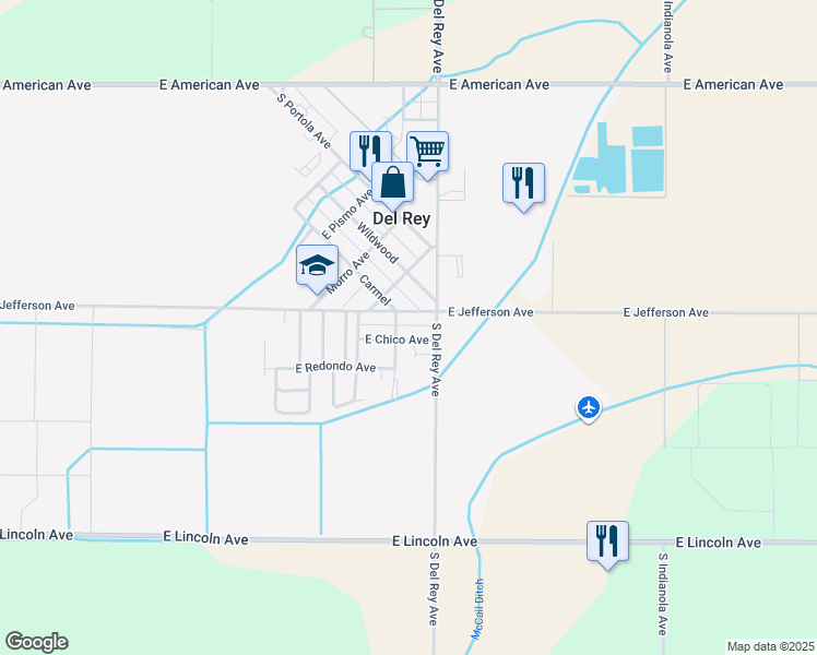 map of restaurants, bars, coffee shops, grocery stores, and more near 10752 East Chico Avenue in Del Rey