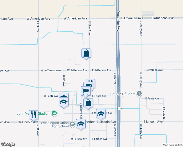 map of restaurants, bars, coffee shops, grocery stores, and more near 35 East Jefferson Avenue in Fresno