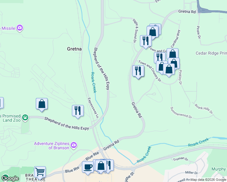 map of restaurants, bars, coffee shops, grocery stores, and more near 1795 Shepherd of the Hills Expressway in Branson