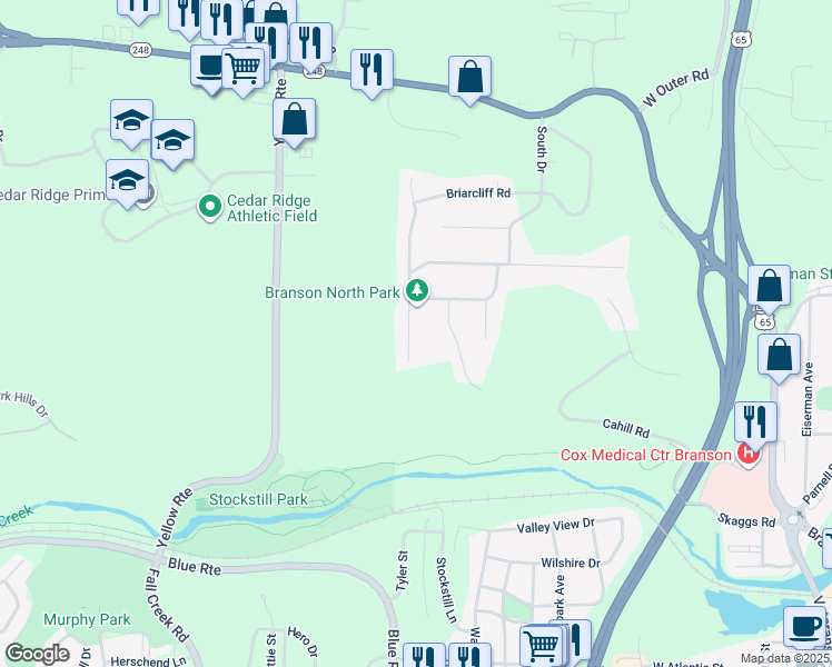 map of restaurants, bars, coffee shops, grocery stores, and more near 115 Westwood Drive in Branson