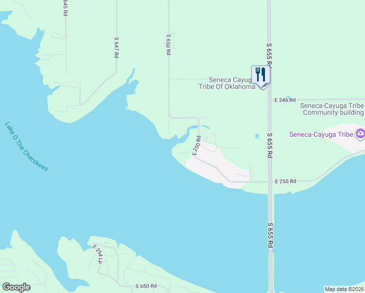 map of restaurants, bars, coffee shops, grocery stores, and more near 65111 East 250 Road in Grove