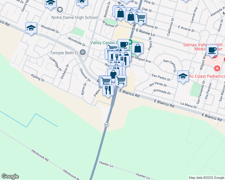 map of restaurants, bars, coffee shops, grocery stores, and more near 1300 South Main Street in Salinas